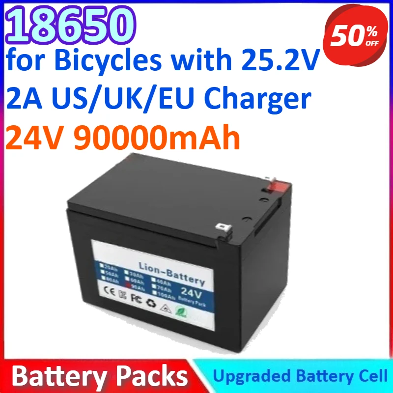

18650 6S4P 24V 90000mAh New General-purpose High-capacity Lithium-ion Battery Pack for Bicycles with 25.2V 2A US/UK/EU Charger