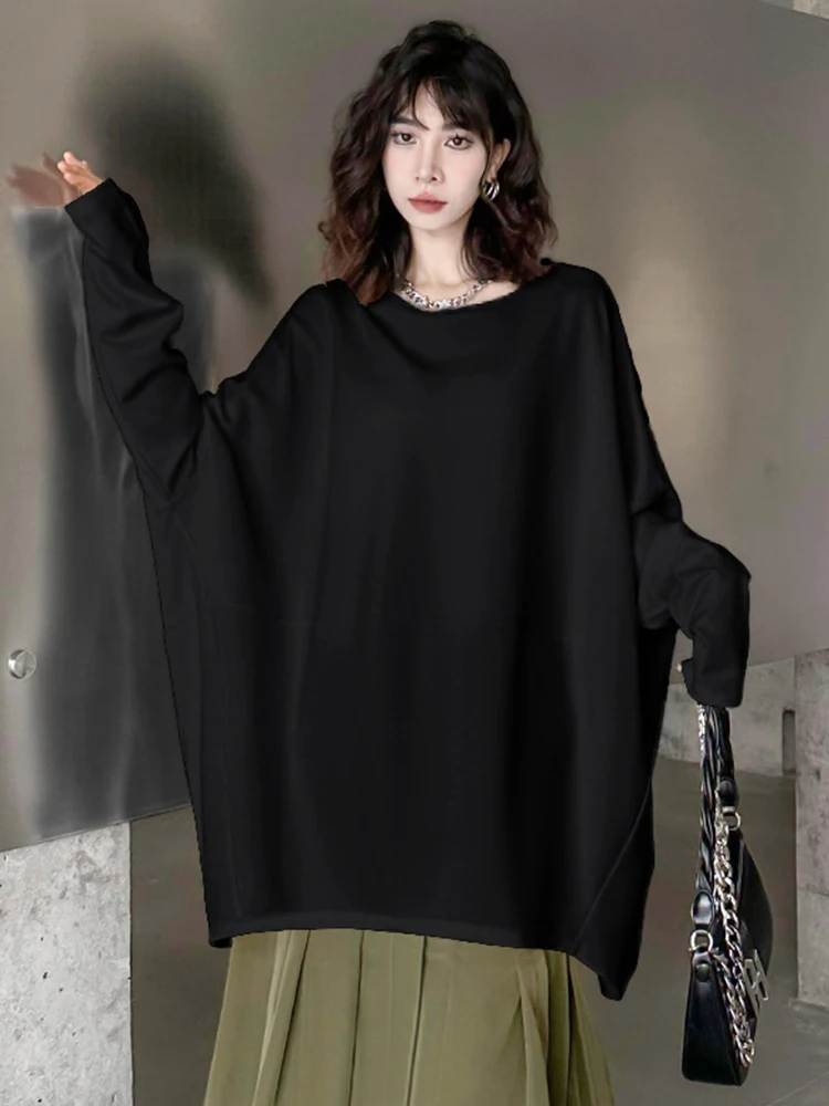 [EAM] Women White Oversized Big Size Casual T-shirt New Round Neck Long Batwing Sleeve Fashion Tide Spring Autumn 2024 1DH0798