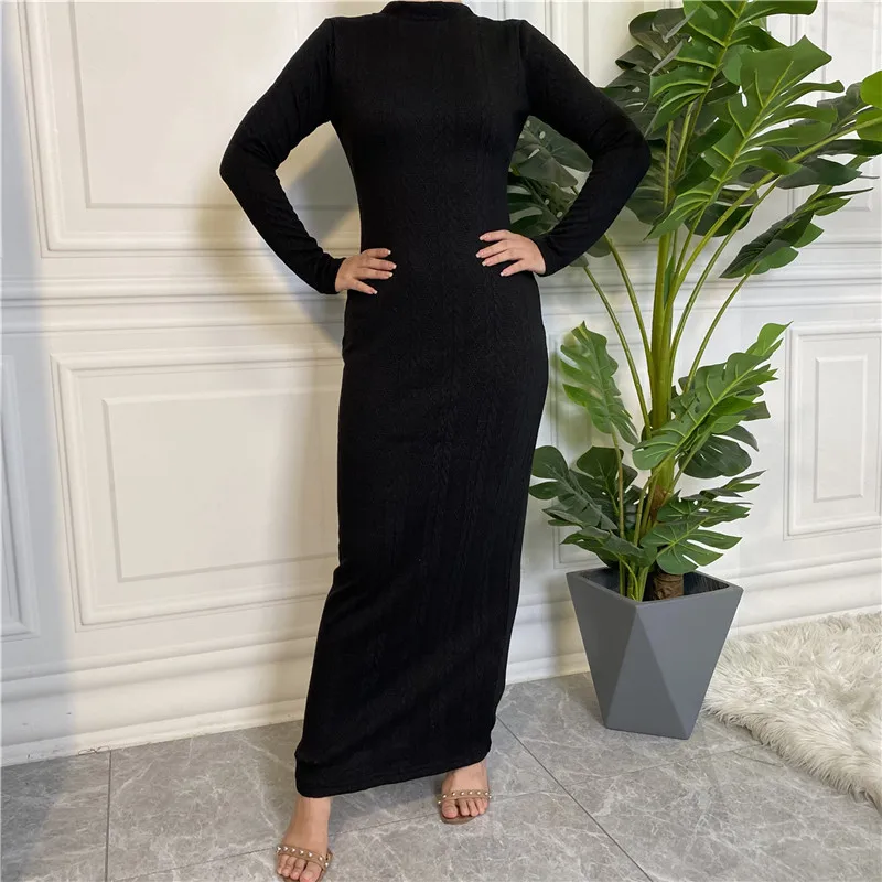 

2023 Autumn Winter Knitted Solid Color Sweater Maxi Dress Women Long Dresses Muslim Modest Islam Arab Robe Turkey Dubai Clothing