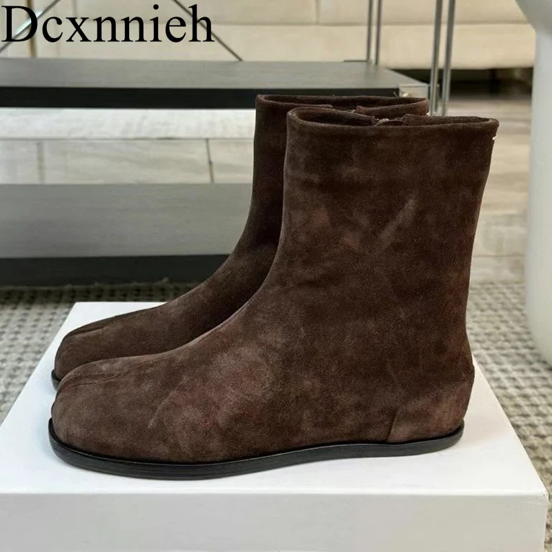 Flat Bottom Kid Suede Pig Trotters And Horseshoe Boots Women Split Toes Shoes Ladies Autumn Winter Zipper Design Short Boots