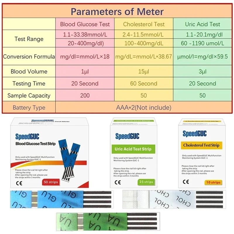 Kolesterol metre 3 in 1 çok fonksiyonlu kan şekeri monitörü ürik asit Test analizörü ölçüm sistemi kolesterol test şeritleri