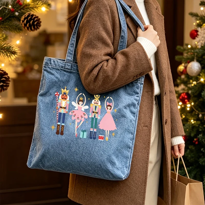 Christmas Nutcracker Denim Tote Bag Nutcracker Ballet Dancer Print Shoulder Shopping Bag Reusable Shopper Women Holiday Gift