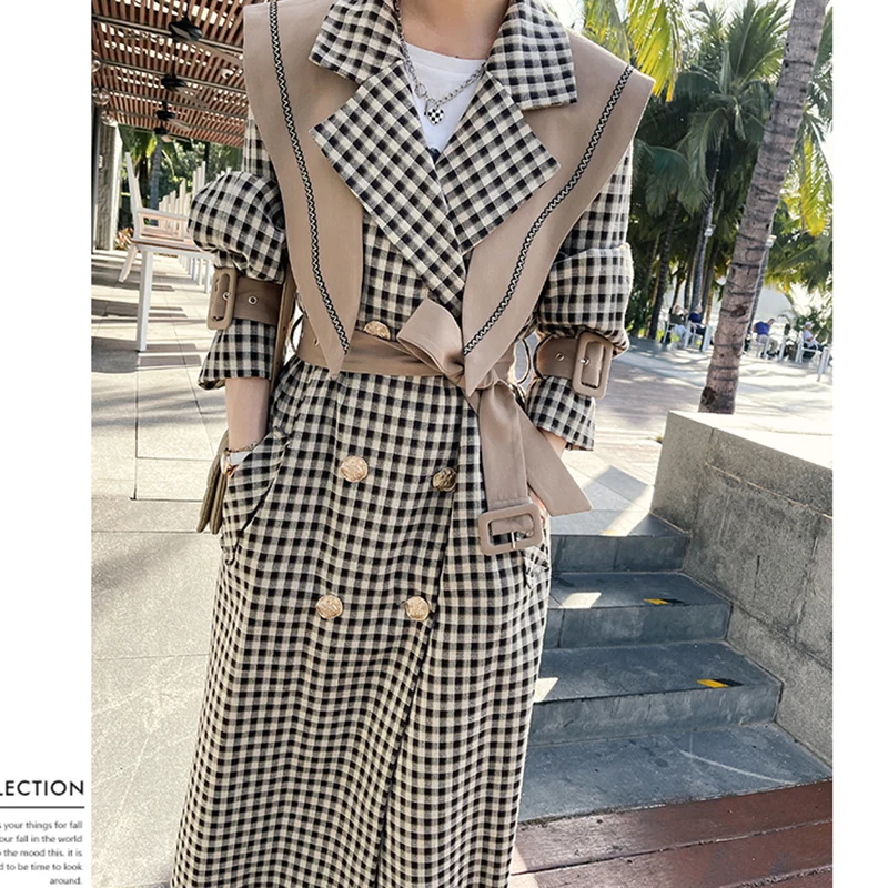 Navy Collar Shawl Plaid Trench Coat Women Autumn 2023 Double-Breasted Overcoat Popular Hepburn Wind Long Windbreaker Jacket Lady