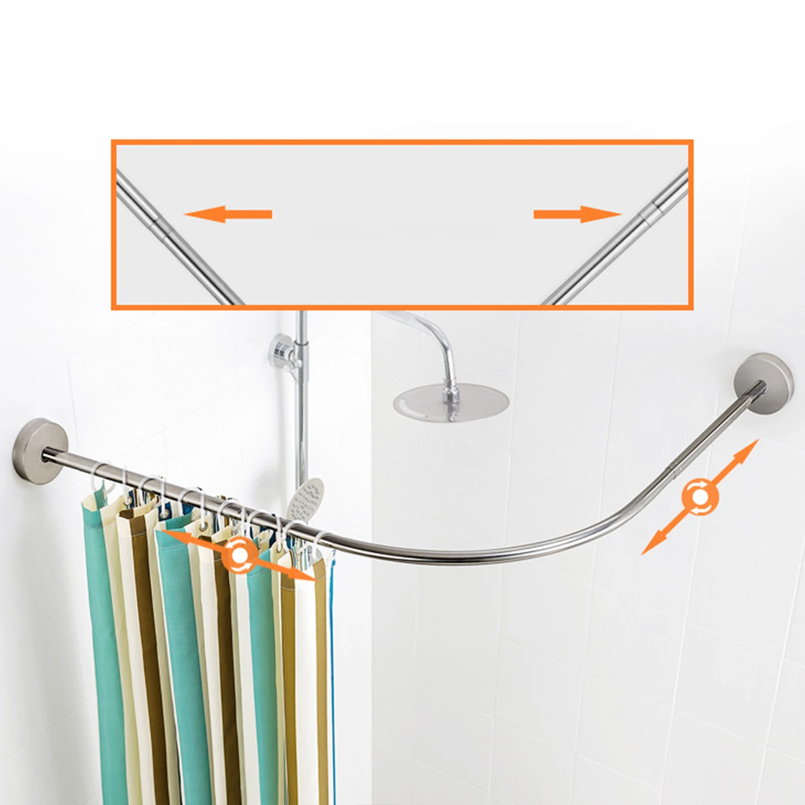 Expandable Curved Shower Rod Support Rod Rustproof Adjustable Curved Shower Curtain Rod for Laundry Room Bedroom Wardrobe Home