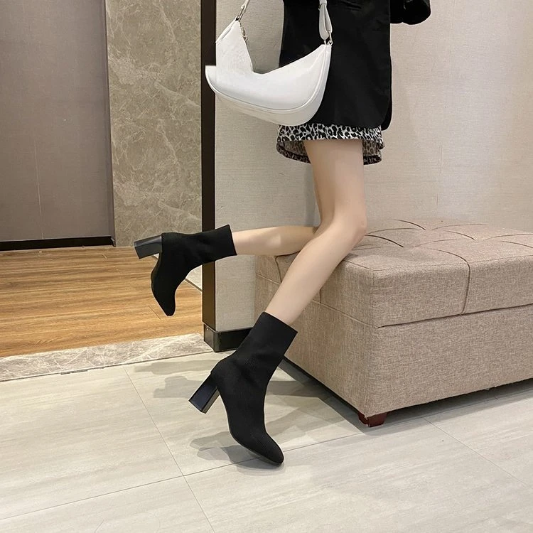 2023 Women Over The knee High Long Boots Block High Heels Short Ankle Knitted Boots Stripper Winter Warm Sock Stretch Sexy Shoes