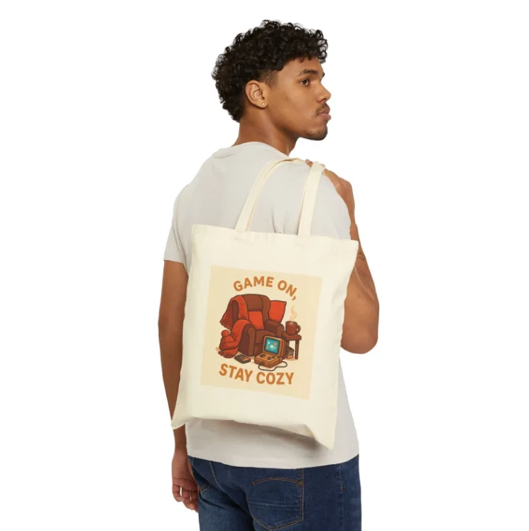 Game on Stay Cozy All Over Print Tote Bag Versatile Minimal Canvas Shoulder Bag for Men Women Casual Reusable Shopping Handbag