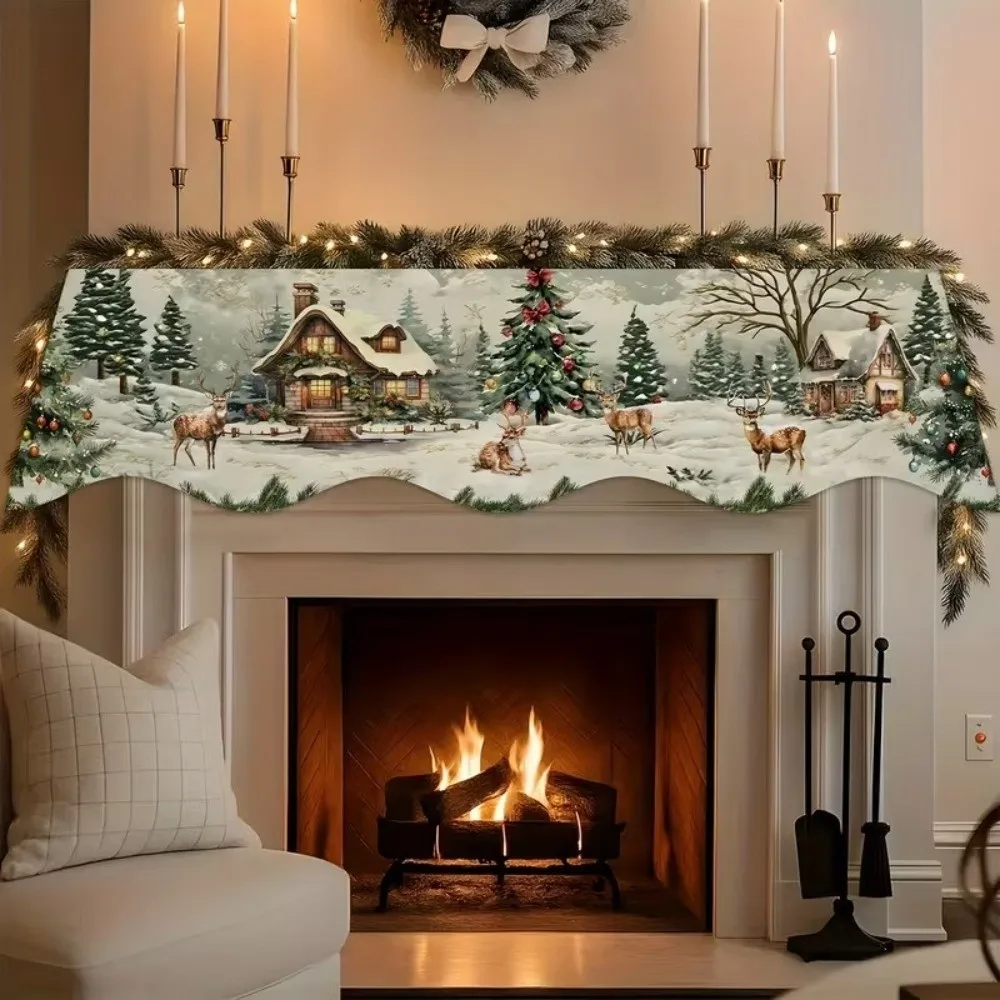 Santa Claus Christmas Fireplace Mantel Scarf Snow Landscape Snowman Mantel Topper Decorative Home Decor Fireplace Shelf Cover