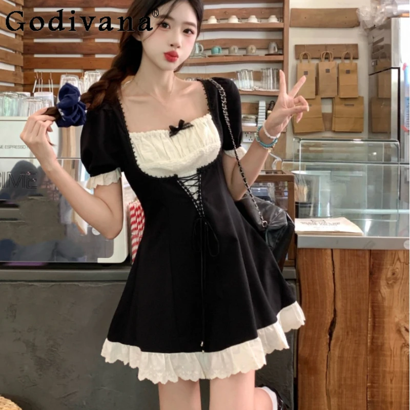 فستان نسائي صيفي كبير الحجم برقبة مربعة فرنسية مزين بالدانتيل فستان أسود عالي الخصر على شكل حرف a متعدد الاستخدامات لتخفيض العمر فساتين جامعية #1