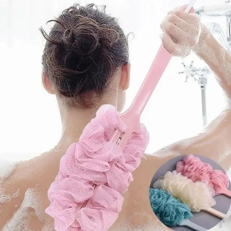 

New Bathroom Cleaning Tools Long Handle Bath Brush Back Bath Shower Scrubber Body Soft Mesh Scrub Puff Clean Bath Back Brush