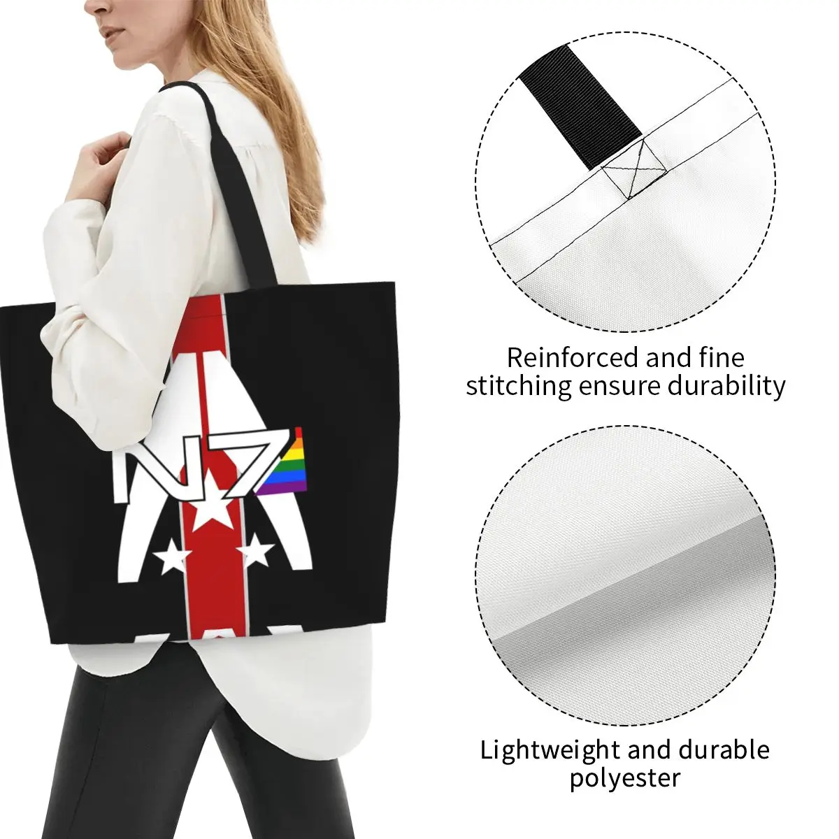 N7 Pride Mass Effect Shopping Tote Bag Canvas Large Capacity Shoulder Bags Shopper Grocery Handbag for Women