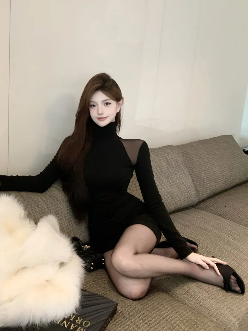 เวอร์ชั่นเกาหลีคอสูงแขนยาวชุดผู้หญิง Cinching เอวห่อสะโพก Hollow OUT SHEER ชุดเดรสสั้น