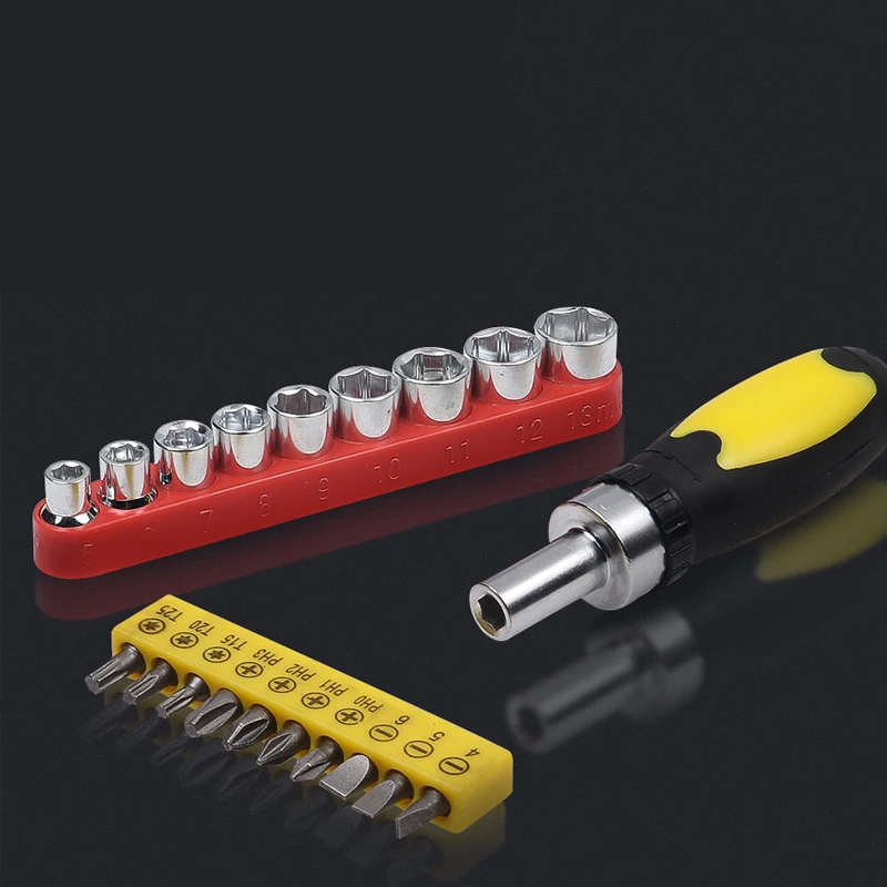 20PCS 1/4 inch Drive Ratchet Screwdriver Straight Handle Socket Set Reverse Handle Wrench 6.35mm Screwdriver Head Adapter Kit