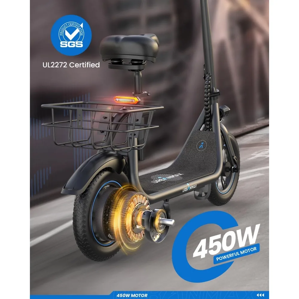 Electric Scooter with Seat with Basket, 450W Powerful Motor up to 22/25 Miles Range, Foldable Electric Scooter for Adults