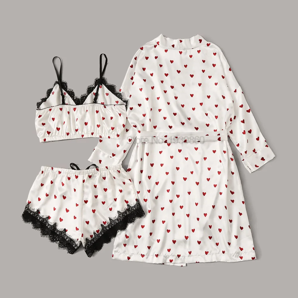 Print Love Pajamas Kimono Robe Gown Suit Satin 3PCS Sleep Set Lady With Sling&Shorts Summer Lace Nightwear Big Size 4XL Lingerie