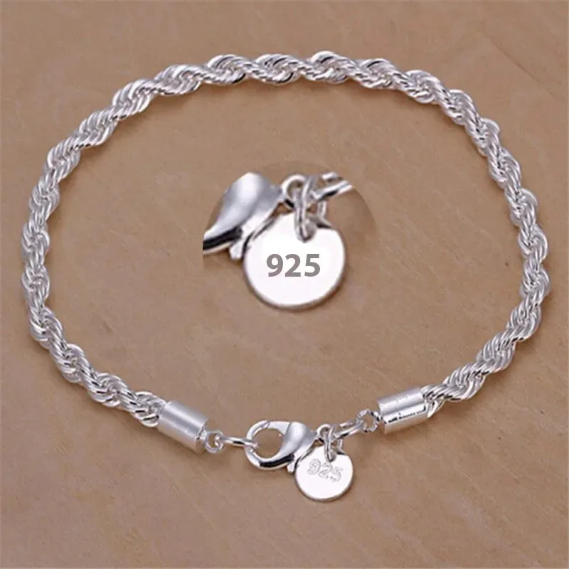 New High quality 925 Sterling Silver 4MM Women Men chain Male Twisted Rope Bracelets Fashion Silver Jewelry Gifts