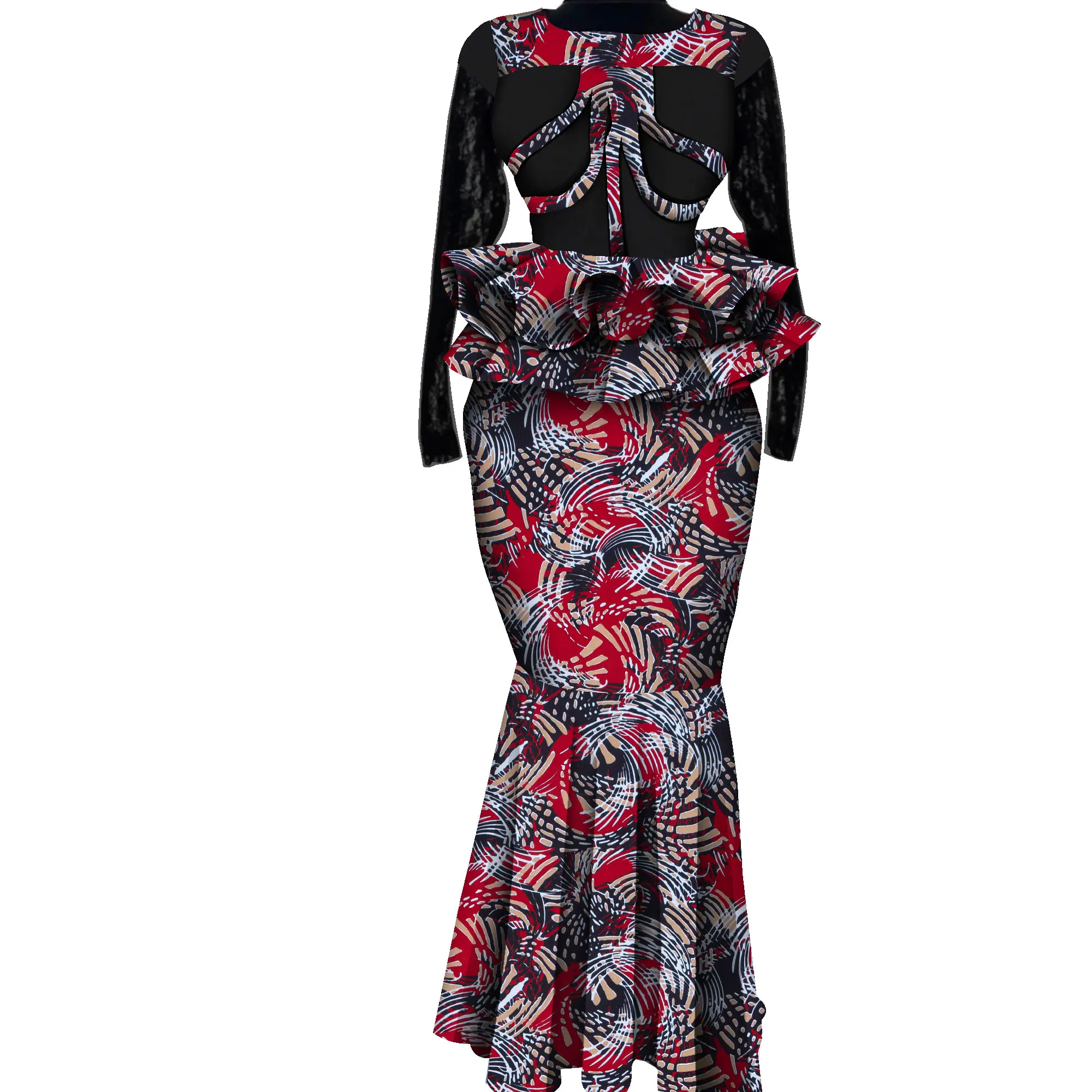 

2 Pcs Skirt Set Women African Print Clothing Patchwork Tops and Skirt Set Yarn Long Sleeve Wedding Party Clothing WY1304