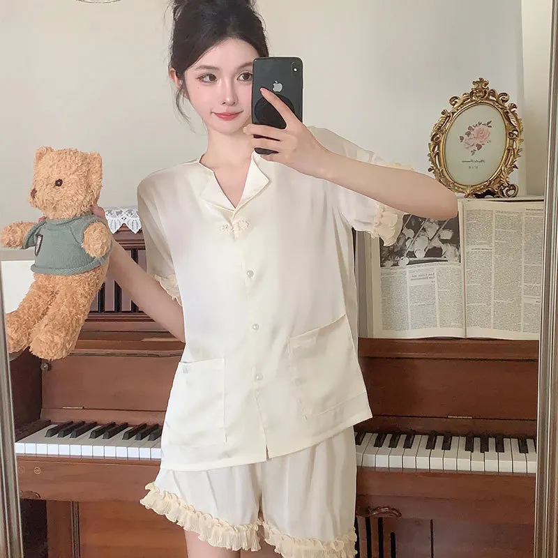 2024 Summer New Ice Silk Pajamas Women's Short-Sleeved Shorts Luxury Noble Thin Cardigan Home Wear Outfit