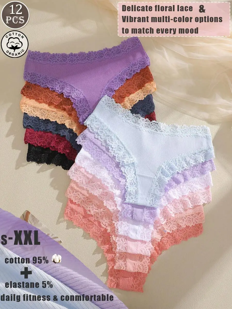 

12PCS Womens Cotton Lace Trim Briefs S-XXL Comfortable Breathable Low-Rise Panties