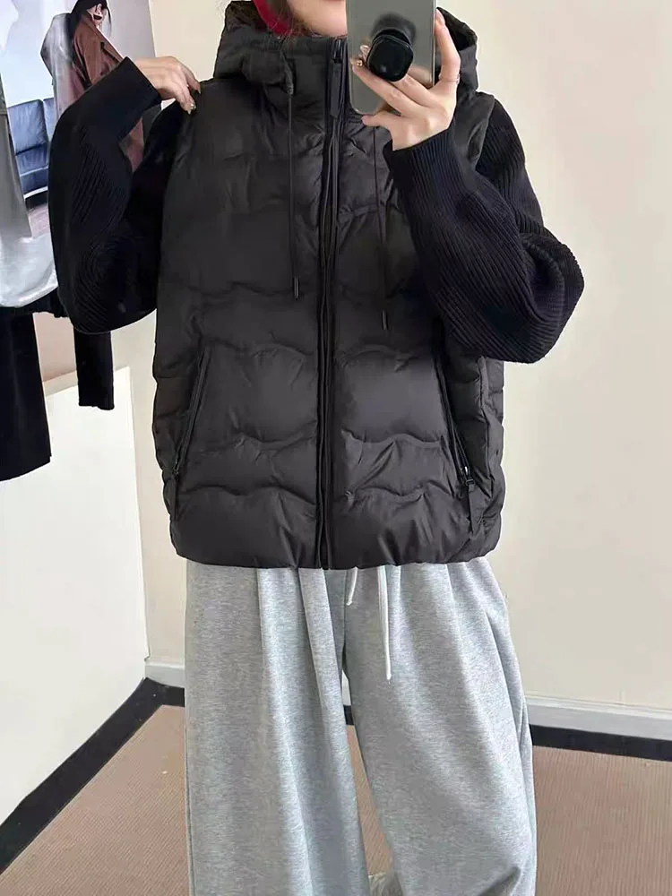 Winter Knitted Patchwork Parkas for Women Y2K Korean Thick Fluffy Warm Hooded Coats Sweet Preppy All Match Puffer Jacket Mujer