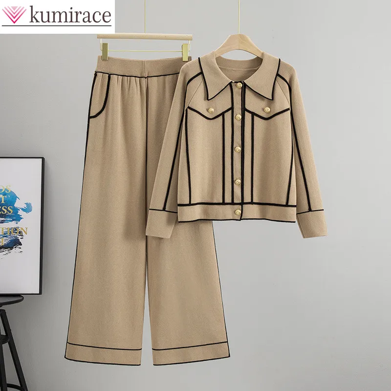 

French Polo Collar Sweater Set for Women's Autumn and Winter Temperament Knitted Cardigan Top with Lapel Fashion Two-piece Set