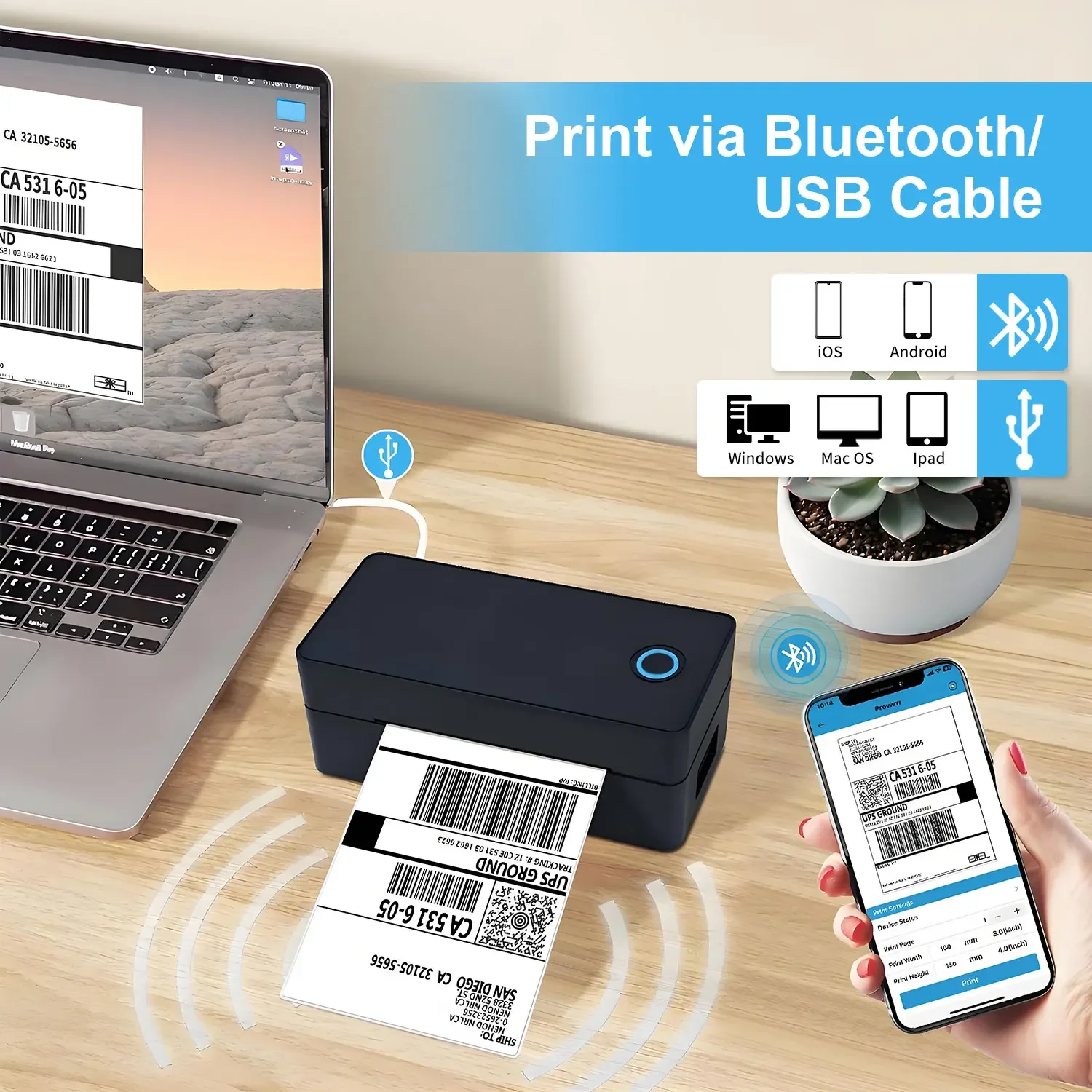 

Thermal Label Printer Portable No Ink Required 300DPI 4x6 for Small Business WiFi Bluetooth USB High Speed Express Airway Bill