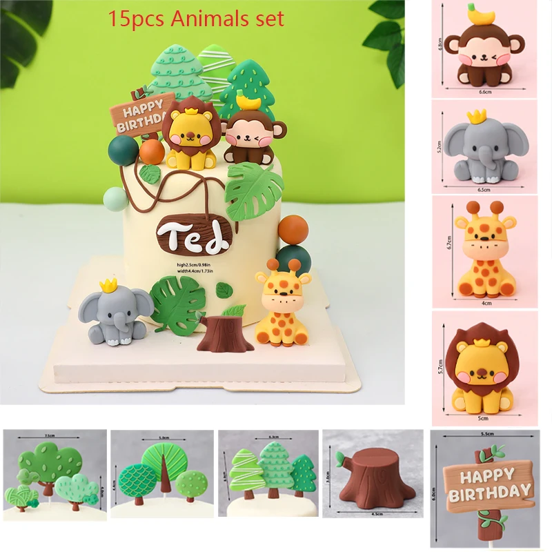 Jungle Animal Cake Topper Kit Plam Leaves Safari Lion Giraffe Elephant Doll Cake Decor Wild One Kids First Birthday Party Decor