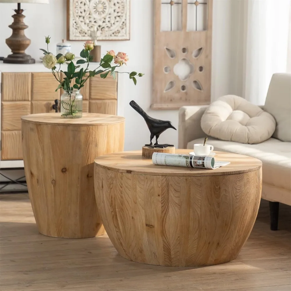 Bucket-Shape Solid Wood End Table,Farmhouse Round Small Coffee Table with Lid,Nightstands with Hidden Storage.