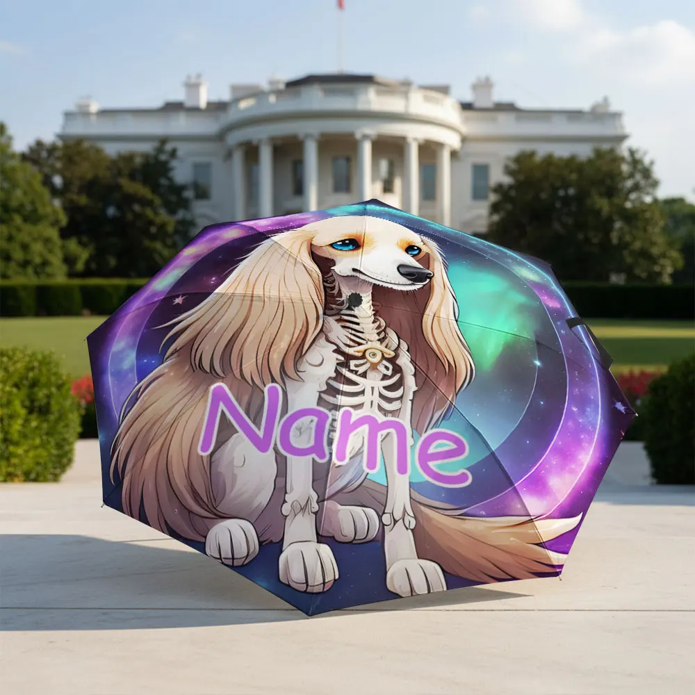 Custom Name umbrella, Radiant Cosmic Skeleton Dog Design Fashion Folding Umbrella for Sunny and Rainy Days, Christmas Gift