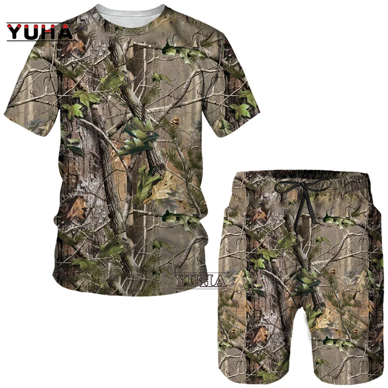 YUHA,Hunting  Summer Men's 3D Printed Camouflage Maple Leaves T-Shirt/Shorts/Suits Unisex Casual Outdoor Sportwear Short Sleeved