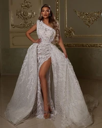 Luxurious Wedding Dress Pearls Sequins Custom Made One Shoulder Bridal Gowns Detachable Train Vestido De Novia