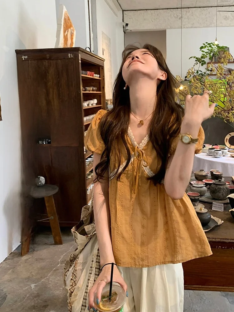 

Miao Lab Orange Soda Embellied ort Sve irt Women's Summer Faion Korean Sle V-Ne Cotton Bubble Sve Top