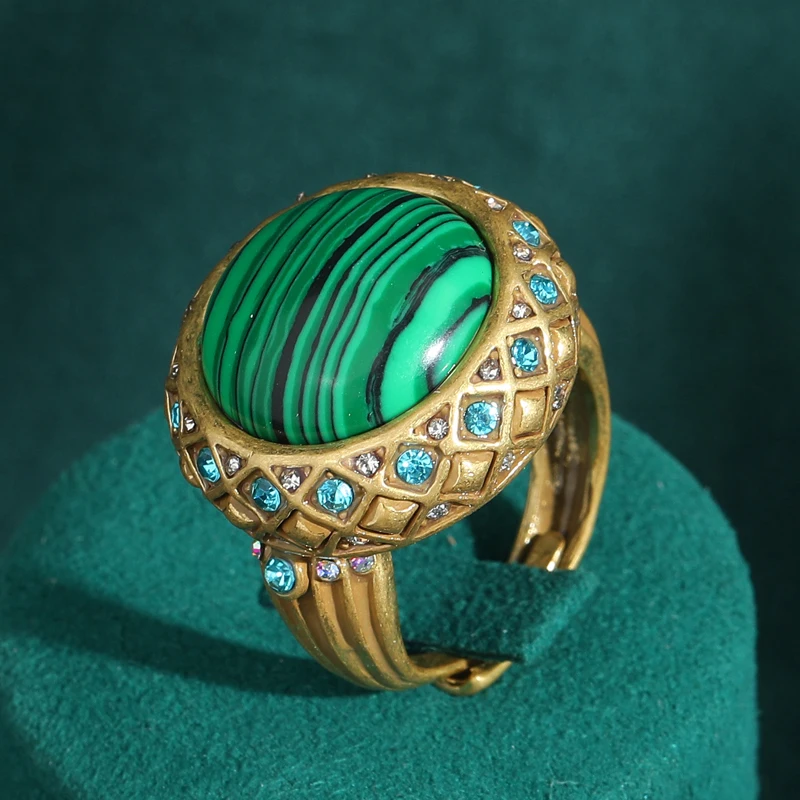 

Vintage Round Antique Jewelry Ring Peacock Blue Green Natural Stone Rhinestones Gold Color Accessories for Women Luxury New 2024