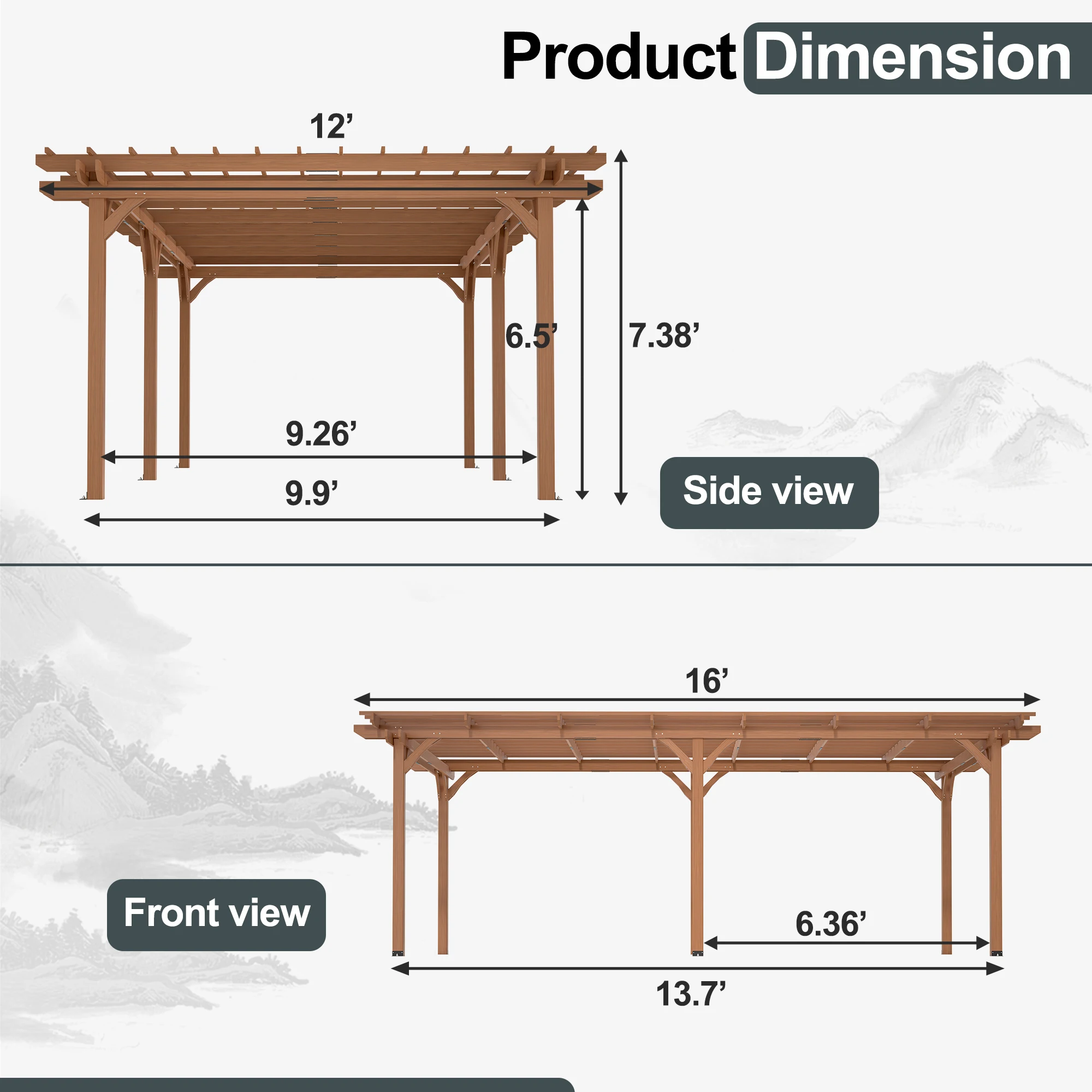 LZBEITEM 12' x 16' Outdoor Gazebo Wooden Grape pergola for Climbing Plant Support, Garden, Terrace, Backyard, Deck, Brown