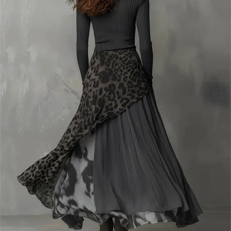 Retro Casual Solid Loose Irregular Maxi Dress Woman Sexy O Neck Splicing Pleated Long Dress Autumn Long Sleeve Pocket Boho Dress