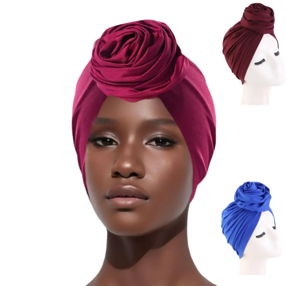 

Fashion Raw Silk Turban Caps Headwear Big Rose Flower Nigerian Wedding Geles Lightweight Breathable Bonnet Party Headgear