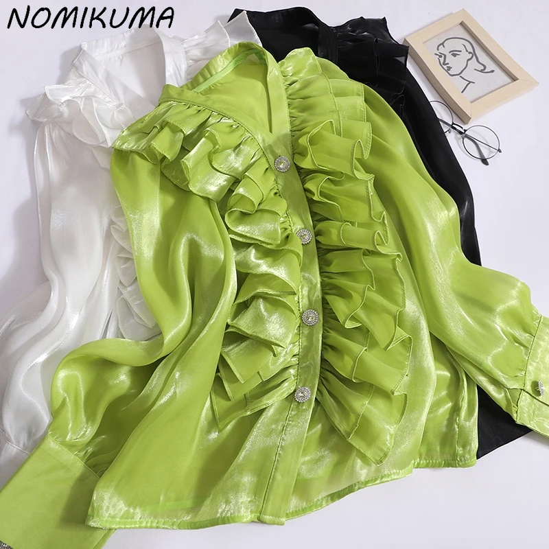 Nomikuma-Blusa feminina com patchwork manga comprida com decote em v, tops casuais, moda coreana, camisas novas, outono, 2023