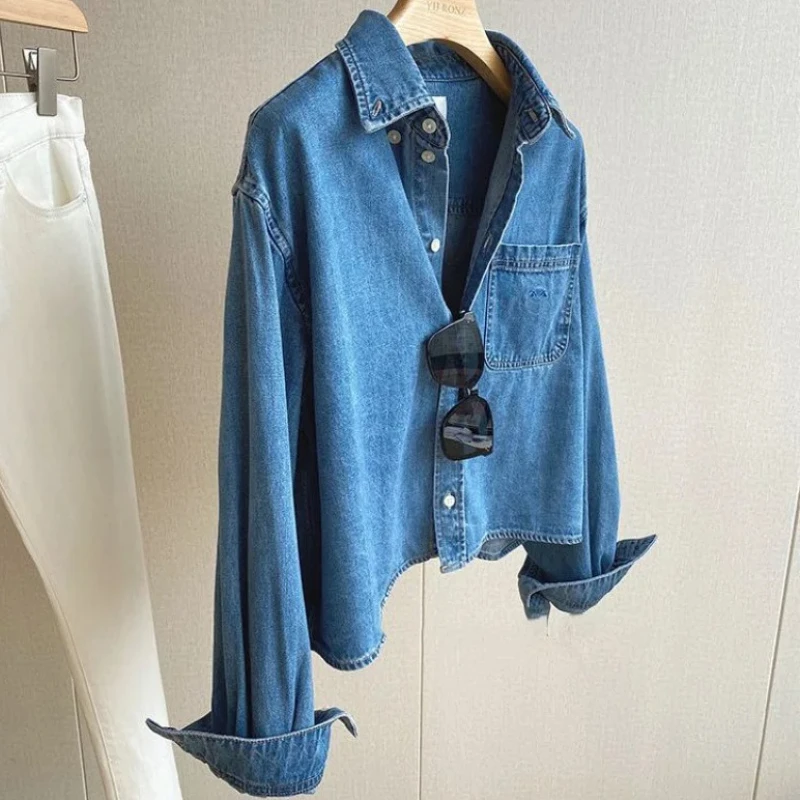 

Women Denim Shirt Short Top Washed Single Breasted Turn Down Collar Y2k Pockets Streetwear Work 2025 Autumn Vintage Overshirt