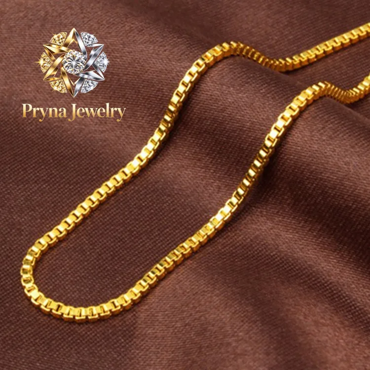 Pryna Jewelry   AU999 Box Chain Necklace Women's 24K Gold - Shiny links, non-deformable, value-preserving, top jewelry for ladie
