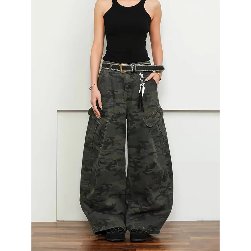 

ZHIZOU American Retro Camouflage Women Jeans High Waisted New Tide Korean Fashion Harajuku Loose Straight Wide Leg Pants Unisex