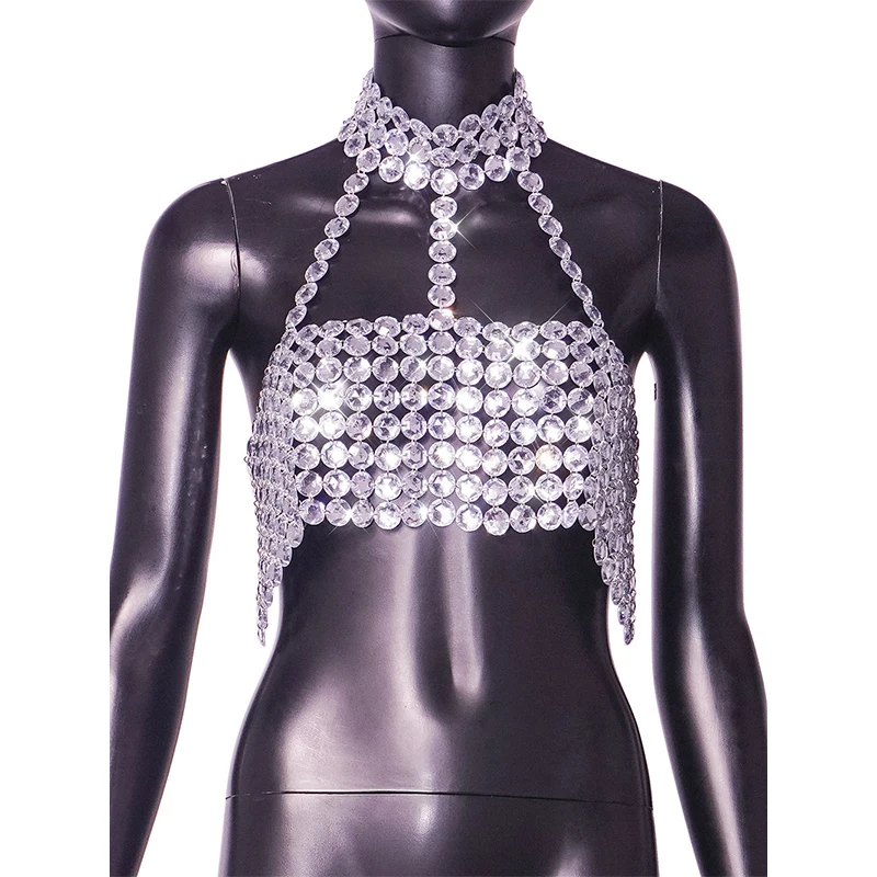 

Silver Glitter Halter Backless Crop Top - Glitter Sequin Bustier with Metal Diamonds for Festival Club Outfits Hanging Neck Top