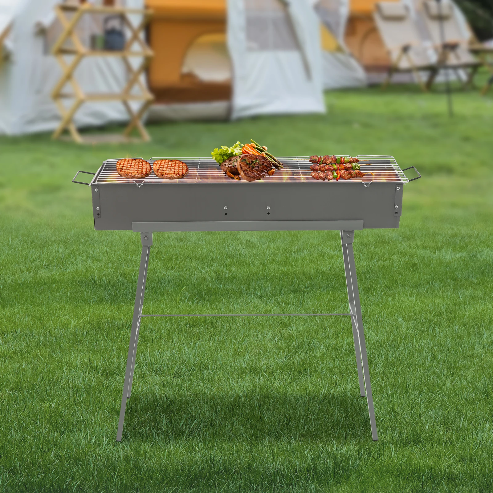 Grill węglowy na zewnątrz, składany, metalowy grill kempingowy z regulowanym otworem wentylacyjnym, przenośny grill do gotowania.