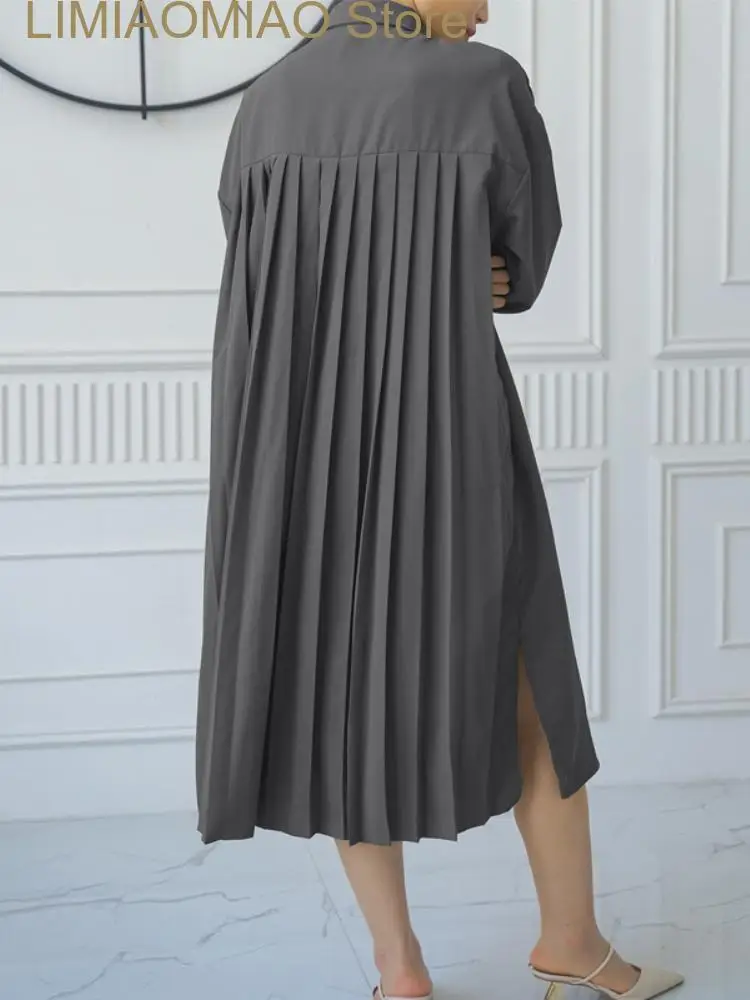 

New In Summer Dress for Women Solid Lapel Loose Casual Pleated Shirt Long-sleeved Dress Streetwear Women Clothing Robe