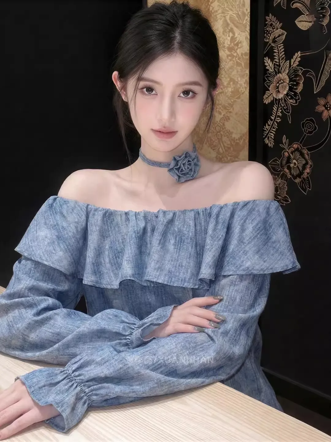 

Spring 2026 Blue Long Sleeve Shirt One Shoulder Hem Design Simple Slimming Elegant Top Women's Fashion Casual Loose Fit