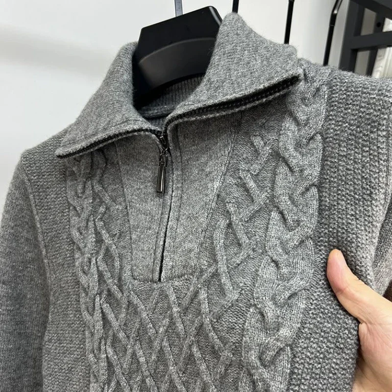 Brand Trend Men Half Zip Woolen Sweater 2024 Autumn Winter New Casual Fashion Thickened Solid Color High Neck Knitted Pullover