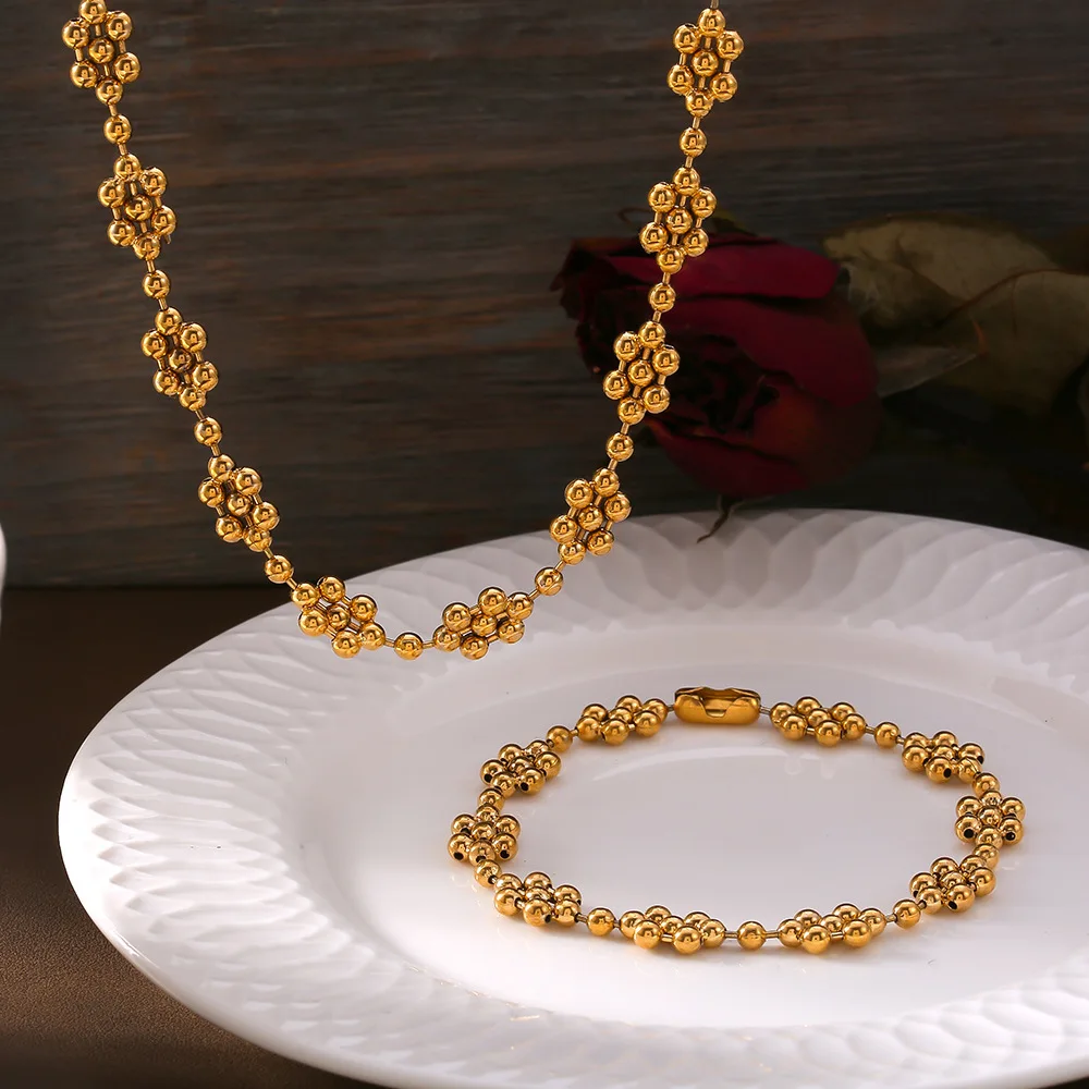 꽃 체인 비즈 목걸이 팔찌 세트, 금도금, 화려한 심플 디자인, 구리 OL 패션 주얼리 선물 도매