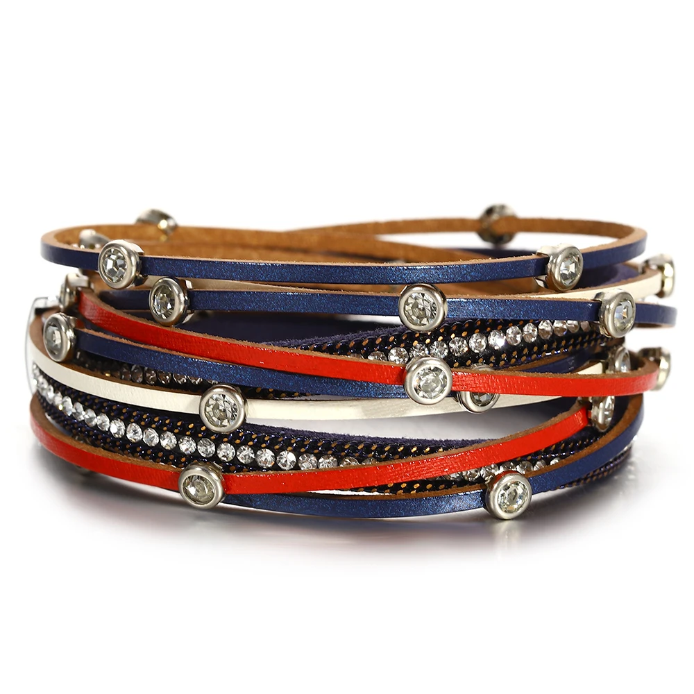 

Amorcome Vintage Crystal Beads Leather Bracelets for Women Shiny Rhinestone Multilayer Wide Wrap Bracelet Fashion Jewelry Gift