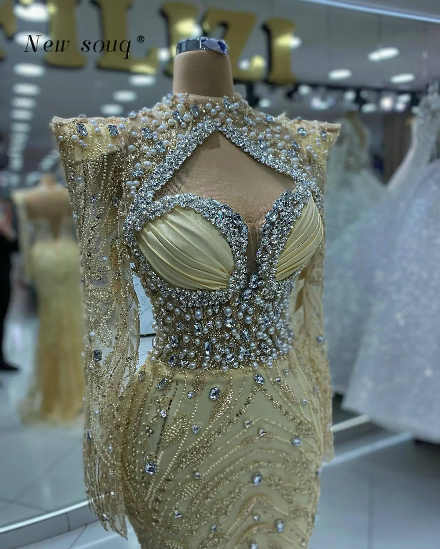 Robe de soirée de forme sirène, 2 en 1, arabe, manches longues, cristaux scintillants, perles, robe de soirée de mariage pour femmes, 2024