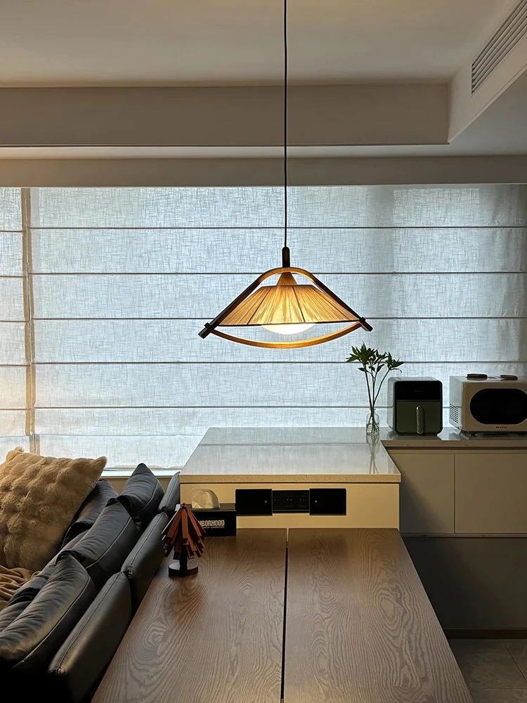 Lámpara colgante Wabi Sabi de mediados de siglo: pantalla de madera maciza y fibra natural, lámpara de techo de comedor/sala de té vintage,