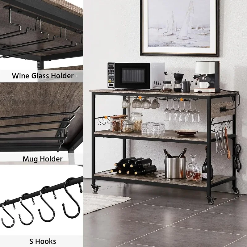 Rolling Kitchen Cart with Wine Rack & Glass Holder & Hooks, Coffee Station Microwave Stand Wi