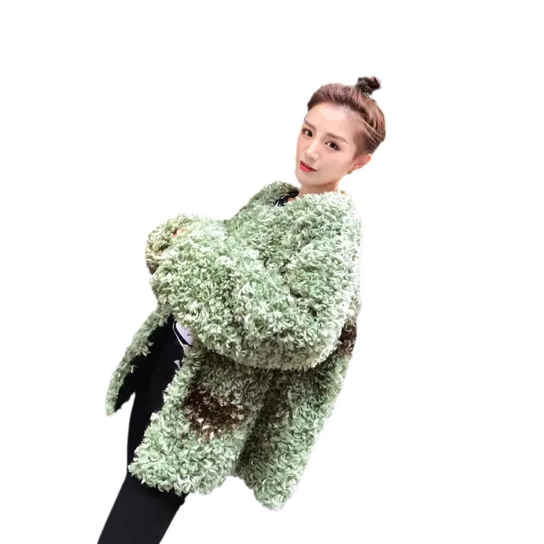 

Winter Green Sheep Curly Fur Crew Neck Fluffy Jacket Loose Casual Irregular Printed Plush Top Women